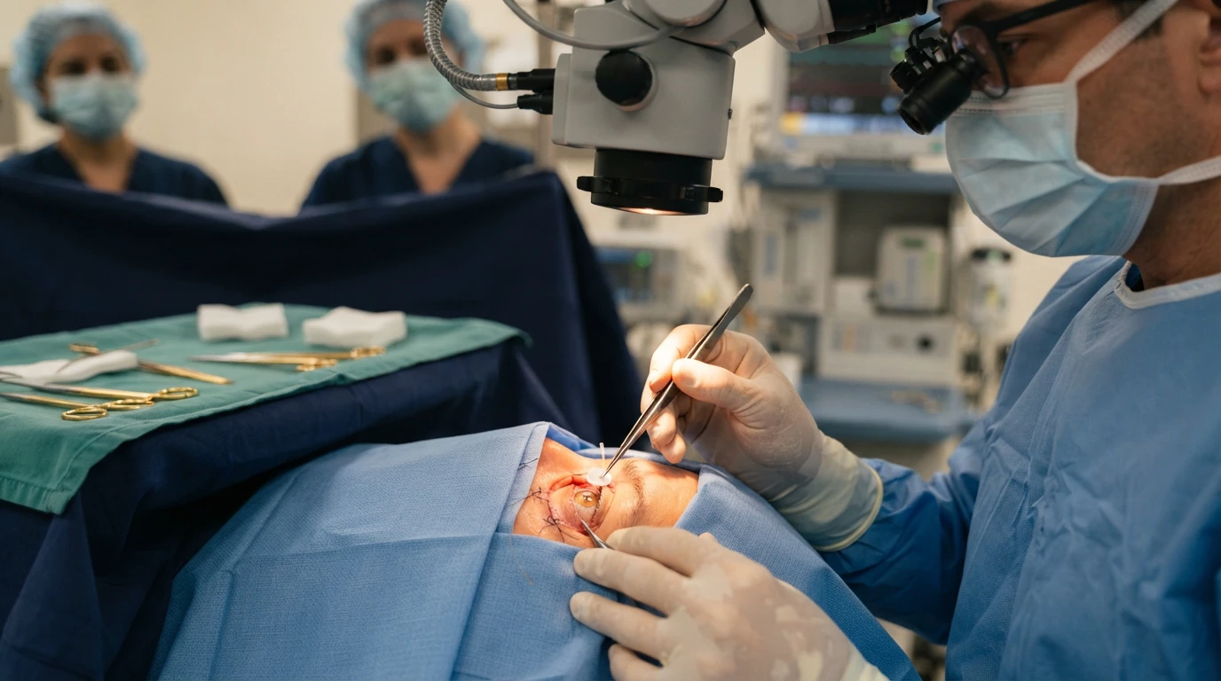 Glaucoma surgery at عيادة ياس للعيون in Kuwait — Ahmed valve implant and trabeculectomy for intraocular pressure control
